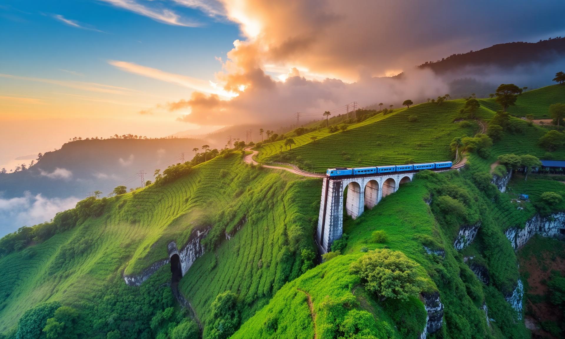 Blue train crossing the Nine Arch Bridge in Ella, Sri Lanka